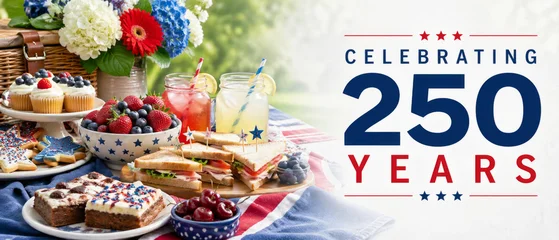 USA independence 250 anniversary picnic with patriotic desserts, berries, drinks, flowers, flag colors, Celebrating 250 Years typography, sale promotion background banner for holiday marketing © dvoevnore