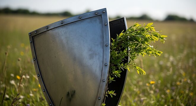 Metal shield protecting a green plant in a sunny field representing nature