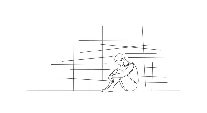 Sad Man Sitting Alone, Abstract Lines Background, Loneliness Concept