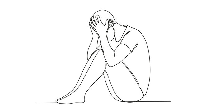 Sad Man, Depression, Anxiety, Stress, Grief, Mental Health, Single Line Drawing