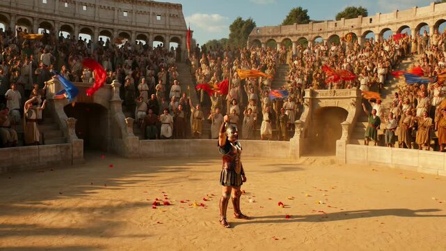 Victorious Roman gladiator standing in the Colosseum arena raising sword in triumph amid cheering thousands and colorful banners, cinematic ancient Rome spectacle video footage
