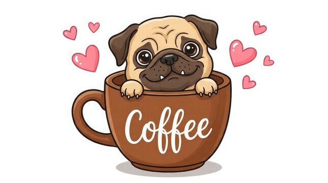 Adorable pug in a coffee cup with hearts