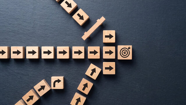 Strategic path journey concept obstacle and goal redirection concept for representing organizational challenge management alternative routing and target achievement amid operational interruption