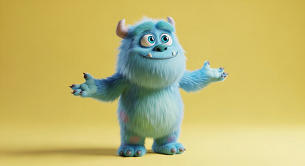 Fototapeta premium Fluffy blue monster with big eyes and horns, with outstretched arms on a plain yellow background, representing a friendly character for animation and children's themes