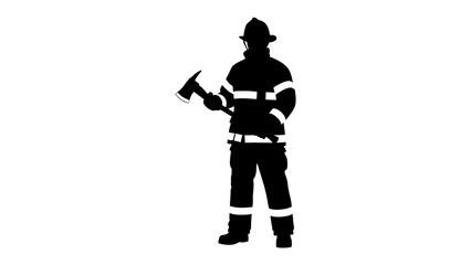 Silhouette of a Firefighter with an Axe: A stark black silhouette of a firefighter in full gear, holding an axe, stands ready for action. This powerful image represents bravery and emergency response. © Md