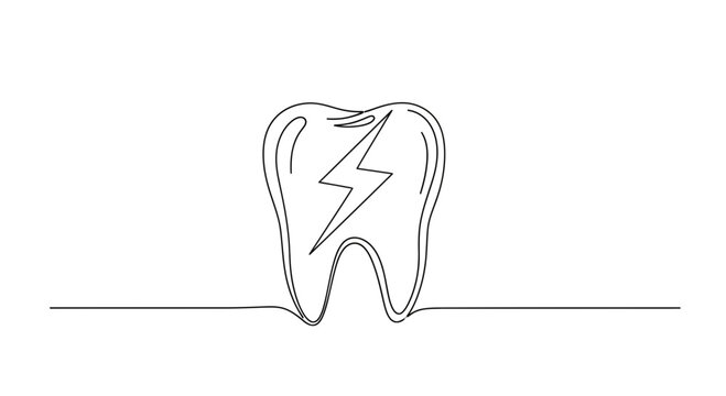 Tooth with lightning bolt icon, single line drawing, dental care concept