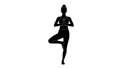 Silhouette of Woman in Tree Pose: A solitary female figure, depicted as a black silhouette, stands in a graceful tree pose, representing balance and tranquility. © Md