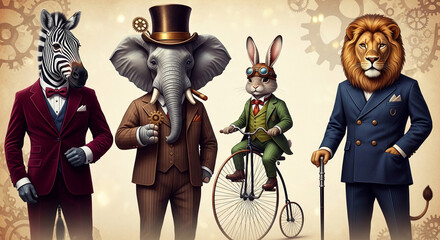 Fototapeta premium Anthropomorphic animals in formal attire, symbolizing sophistication, a whimsical take on classic business, and a touch of steampunk eccentricity.