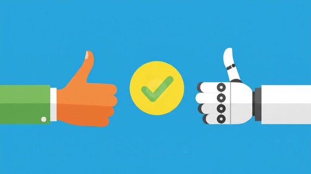 Human and Robot Hand Giving Thumbs Up with Success Checkmark Icon