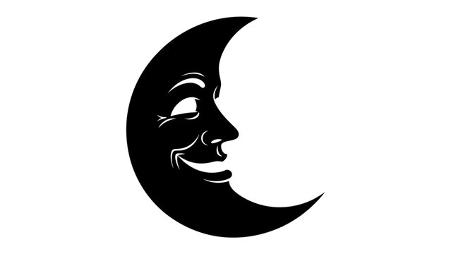 Smiling Crescent Moon Illustration: A stylized, black crescent moon with a whimsical, smiling human-like face, conveying a sense of mystery and gentle nighttime ambiance.
