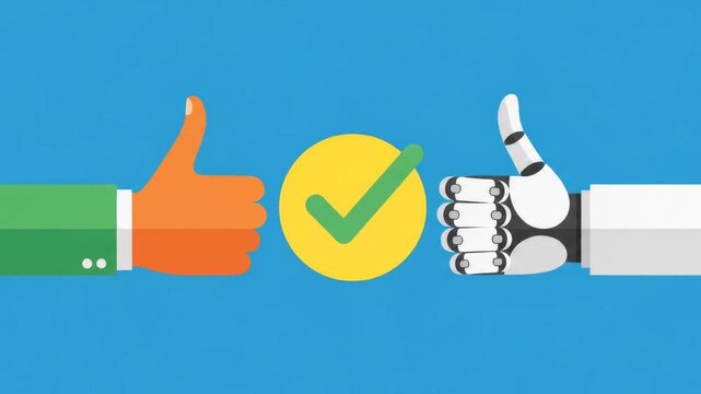 Human and robotic hands giving thumbs up with green check mark for AI partnership and technology agreement.