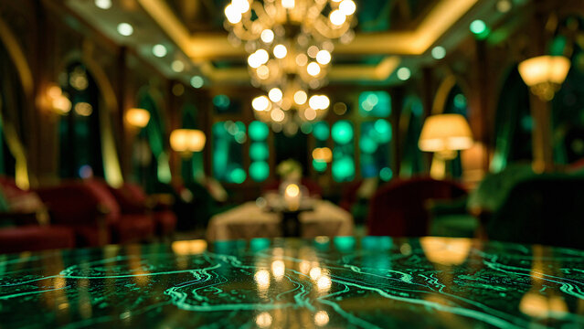 Terrazzo Tabletop With Embedded Marble Flecks on Chic Rooftop Lounge with Ambient Warm Uplighting Lu