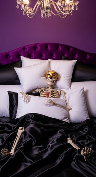 A skeleton in a luxurious bed with a golden mask and champagne, symbolizing a macabre celebration or the end of a decadent era.