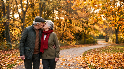 Obraz premium Happy senior couple walking and sharing a tender kiss along a beautiful autumnal park pathway filled with golden fallen leaves