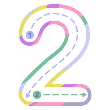 Educational vector illustration of number 2 tracing worksheet with colorful pastel border and arrow guide. Perfect for kids learning, preschool, kindergarten material, and educational activities.
