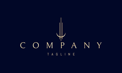 Naklejka premium A vector golden logo featuring an abstract moon and three columns symbolizing timeless strength, harmony, wisdom and architectural elegance.