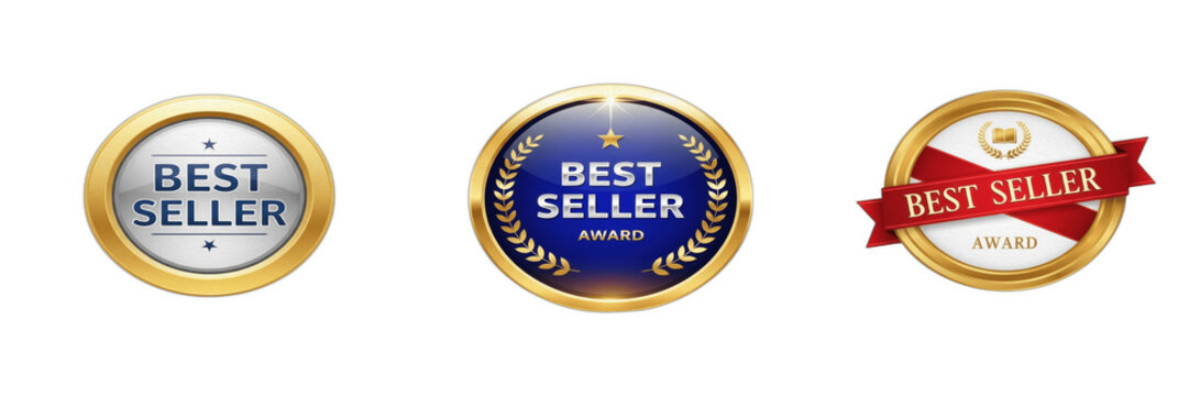 Best seller badges isolated on white background, set of golden promotional labels, award seals, and commerce tags for e-commerce marketing and retail design, transparent cutout PNG graphic elements