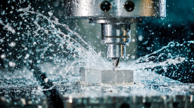 Metal cutting process using milling machine and coolant spray in precision manufacturing workshop