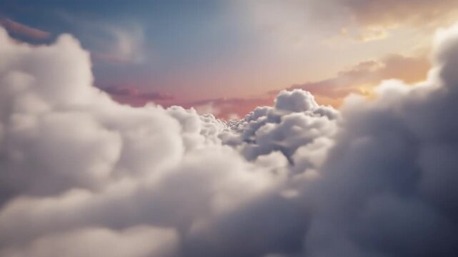 Flying through soft white fluffy clouds during a beautiful sunset with a dreamy sky background