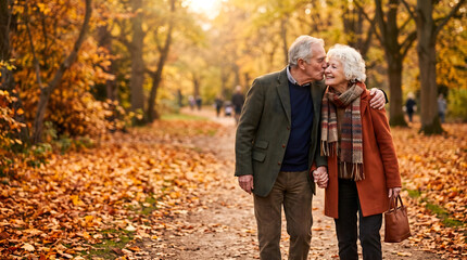 Obraz premium Senior couple enjoying a romantic walk in an autumn park with falling leaves and warm light