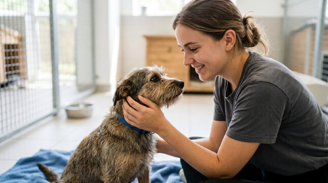 Girl volunteering at animal shelter, smiling while petting dog in cozy environment. Volunteer interacts with rescued dog, providing comfort and companionship.