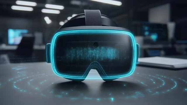 Modern black virtual reality headset on a desk