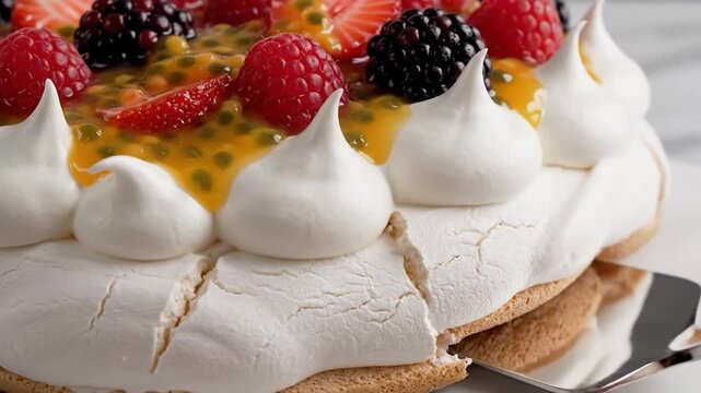 Fresh pavlova meringue cake topped with berries and passion fruit pulp being served in closeup