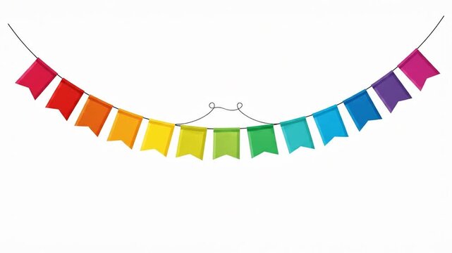 Colorful rainbow bunting flags hanging on a string for party celebration on a white background.