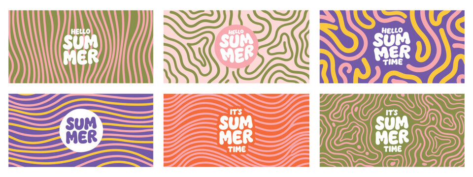 Set of six summer banners with wavy line patterns, abstract organic shapes, and bold typography featuring hello summer and it's summer time text