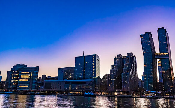 Modern waterfront skyline at twilight with illuminated high-rise buildings and reflections