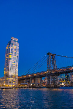 Williamsburg Bridge and Domino Square Tower at Blue Hour, New York City