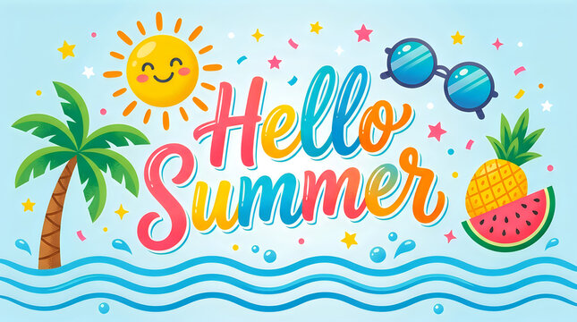 Hello summer colorful text with palm tree and pineapple