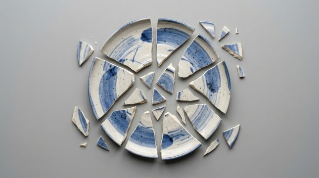 Broken ceramic plate fragments scattered on light gray surface minimalist still life
