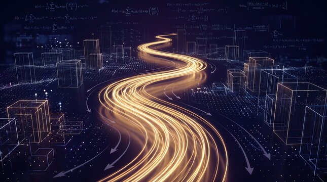 Machine Learning Optimization Path with Golden Light Trail Through Math Equations and Wireframe City Landscape