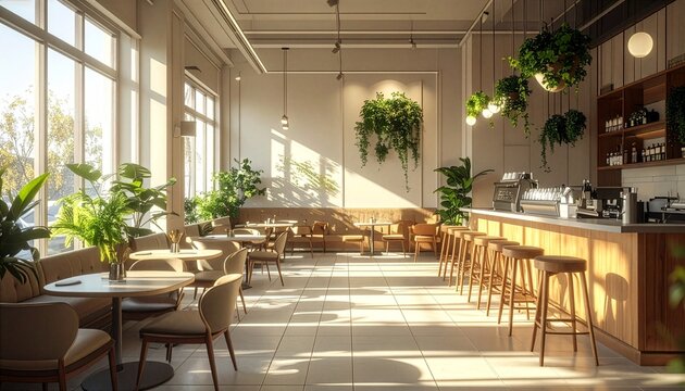 Sunlight bathes a modern cafe with warm, wooden tones. Lush green plants hang and sit, adding life to the space. High ceilings, pendant lights, and large windows enhance openness