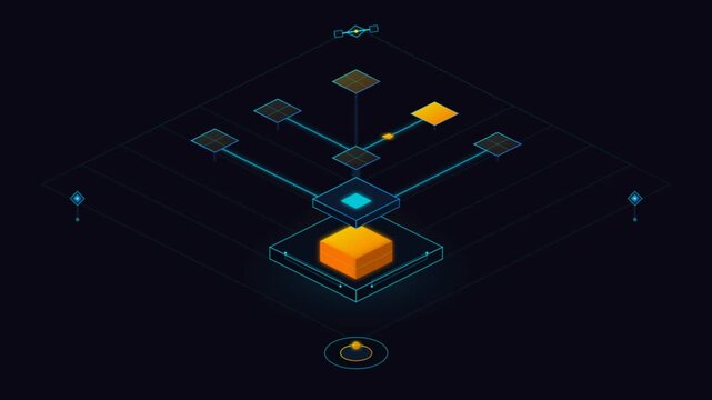 Isometric data processing animation with flowing information blocks