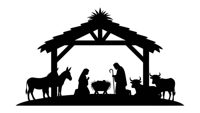 Nativity Scene Silhouette: A symbolic silhouette depicts the holy family, Jesus in the manger, and farm animals within a stable, embodying the Christmas spirit.