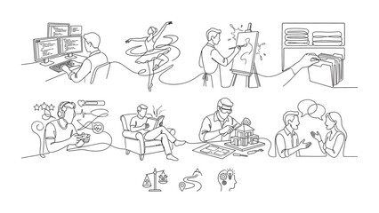 Fototapeta premium Continuous line art drawing set of various professional occupations and hobbies.