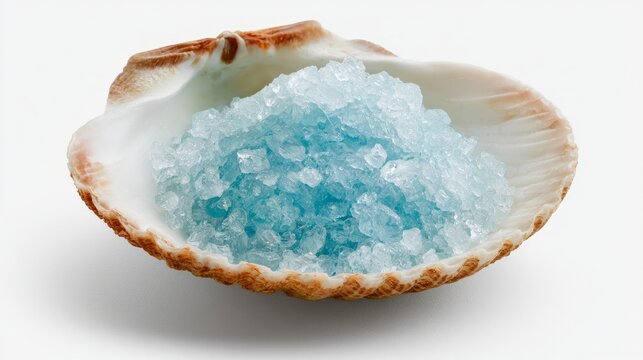 Ocean salt rests in a shell on a white backdrop.