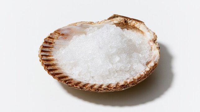 Ocean salt rests in a shell on a white backdrop.