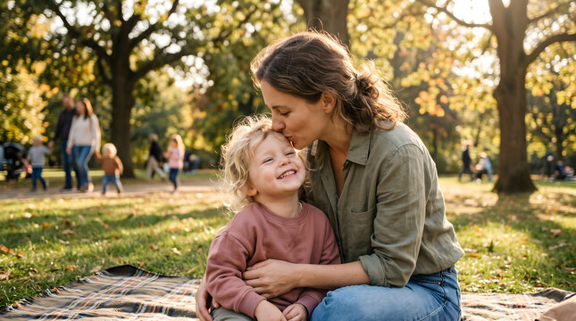 Loving mother kissing her happy young son on the forehead while sitting on a blanket in a sunlit autumn park