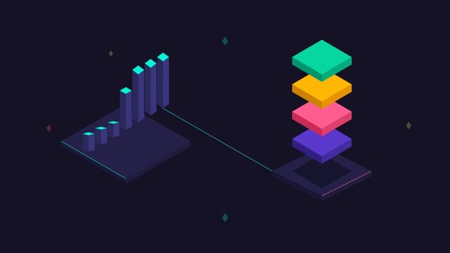 Isometric data visualization showing bar charts and stacked blocks