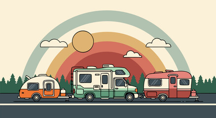 Retro camping travel vector illustration design featuring a caravan road trip adventure with a scenic landscape and sunset background 42 © Life Studio