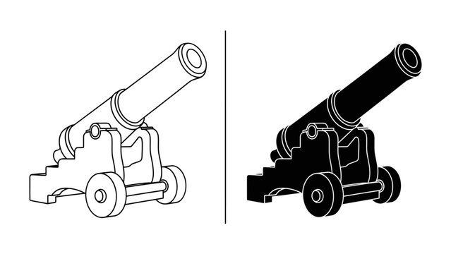Cannon Illustration Duo: A classic cannon presented in two distinct styles, a detailed line drawing and a bold silhouette, showcasing historical artillery with clean vector graphics.