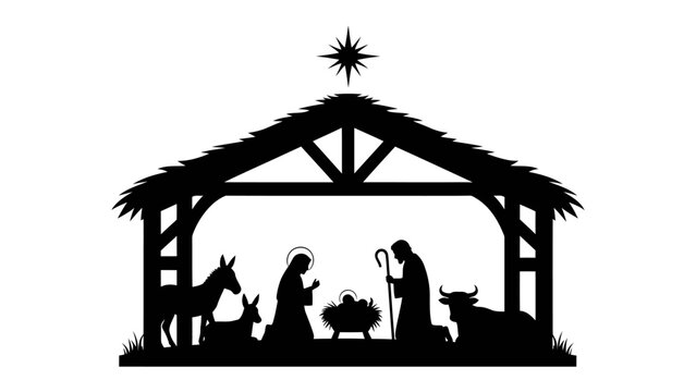 Nativity Scene Silhouette: A black silhouette of the traditional nativity scene, featuring Mary, Joseph, baby Jesus in a manger, and farm animals under a starlit sky.