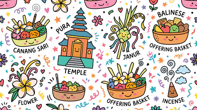 Cute Balinese Offering Baskets, Temple, Flower, Janur, Incense - Pattern
