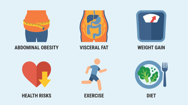 Abdominal Obesity and Visceral Fat Flat Icon Set Vector Illustration