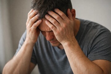 Fototapeta premium Stressed middle aged man holding his head in deep despair