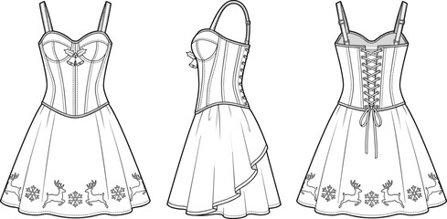 Christmas corset dress technical fashion sketch vector showcasing front side and back views with reindeer © Md Atiar Rahman