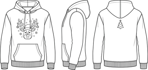 Christmas hoodie technical fashion sketch vector showcasing front, side, and back views with reindeer graphic © Md Atiar Rahman